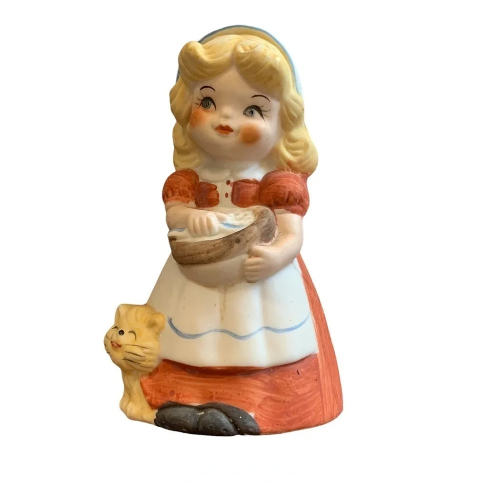 VINTAGE Jasco Merri Bells Girl with cat bisque porcelain bell figurine